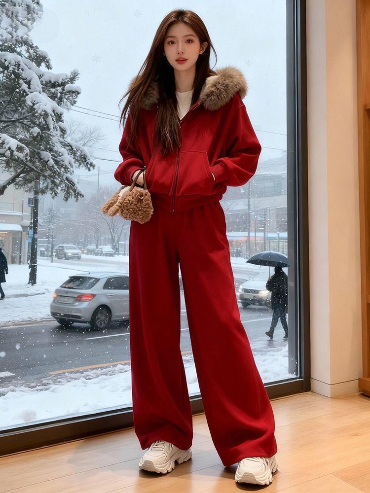 Women's Winter Red Sportswear Set with Fur Collar & Fleece Hoodie - Two-Piece Wide Leg Pants