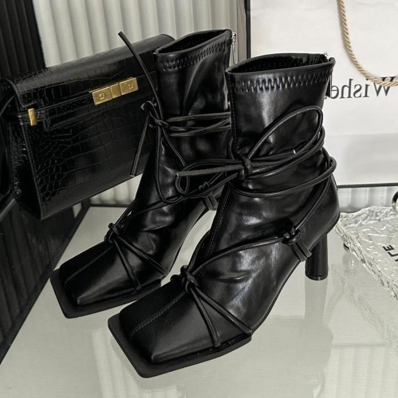 

Fashion Fashion Square Toe Belt Buckle Ankle Boots for Women Punk Style Cross Tied Back Zip Designer Boots Comfortable Botas Para Mujer 35 чёрный