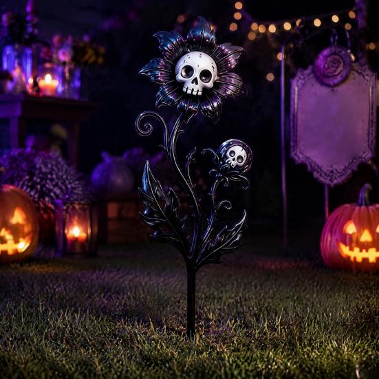 Scary Garden Ornaments Halloween Stake, Waterproof Spooky Skull Flower Lawn Art, 2D Creepy Decorative Stakes Metal Plant Stake for Porch, Patio, Lawn,