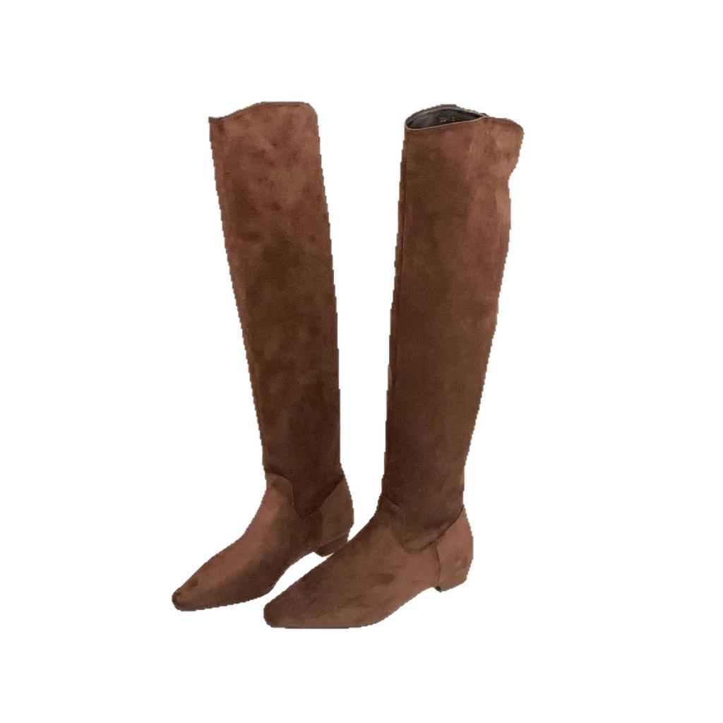 Coarse Heel Khaki Suede Tall Pile Knight Boots Women's Boots 2025 Autumn and Winter V-mouth Skinny Boots