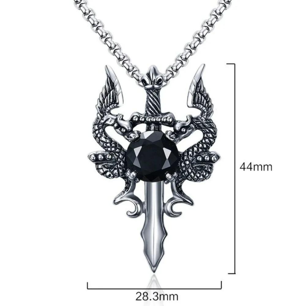 

Punk Gothic Sword Womens Ancient Silver-color Evil Dragon Gem Pendant Necklace Personalized Fashion Street Sweater Chain