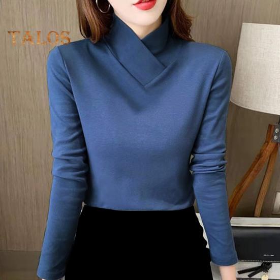 Damen-Oberteile, halbhoher Kragen, lange Ärmel, schmale Passform, weiche, dehnbare Pullover-Oberteile, einfarbiges Hemd mit einzigartigem Ausschnitt