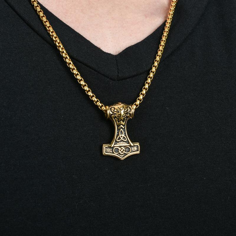 Viking Thor Hammer Pendant Necklace for Men Fashion Gold/Silver Color Stainless Steel Necklace Viking Amulet Jewelry Never Fade