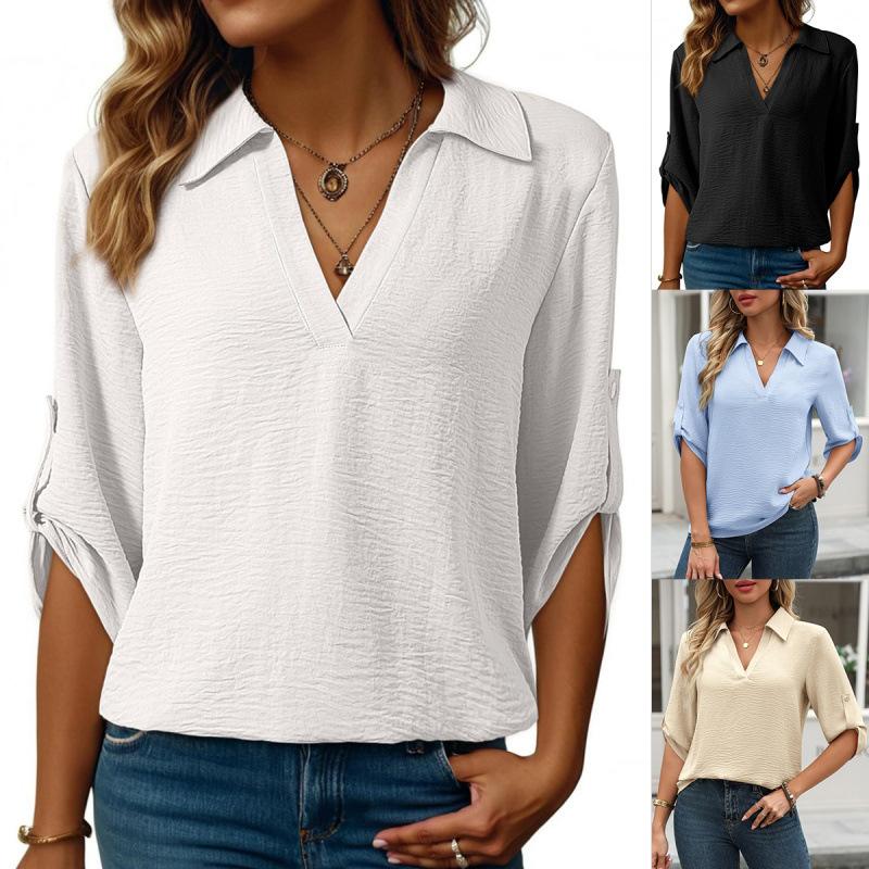 Women's V Neck Blouse 3/4 Sleeve Loose Fit Casual Office Shirt