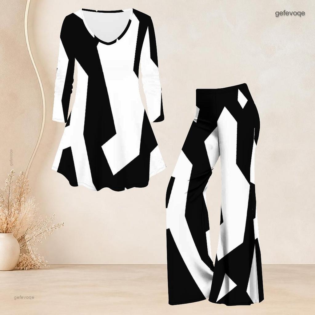 Women Plus Size Two Piece Set V Neck Long Sleeve Black White Printed Flared Top Flared Pants