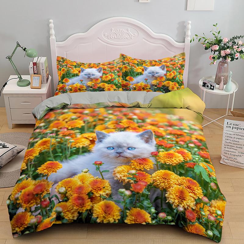 Cat Flowers King Queen Duvet Cover 3D Pet Kitty Floral Bedding Set Teens Adult Yellow Chrysanthemum 2/3pcs Quilt Cover