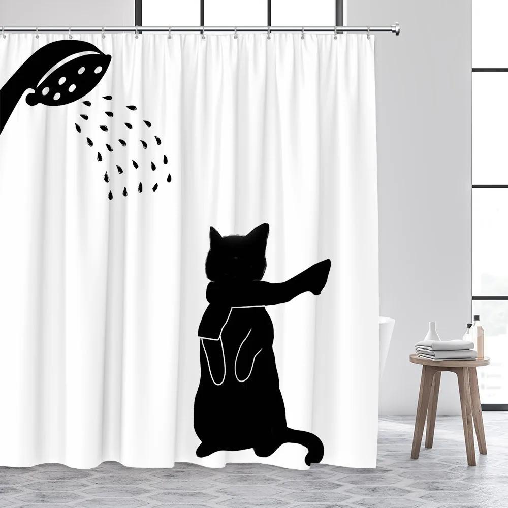 Funny Animal Shower Curtain, Black and White Wildlife Elephant Dinosaur Shower Cartoon Cat Polyester Fabric Bathroom Decor Set
