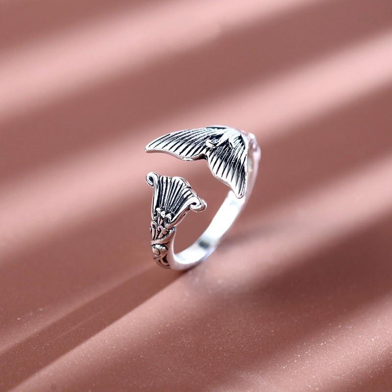Adjustable Open Ring Women Men Sterling Fish Tail Design Vintage Retro Artisan Style Jewelry Gift