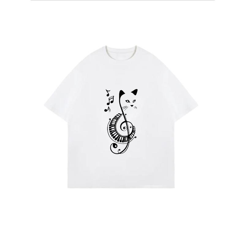 T-Shirt mit Rundhalsausschnitt Weiß Katze Musiknote Klaviertasten Druck Freizeitkleidung für Damen