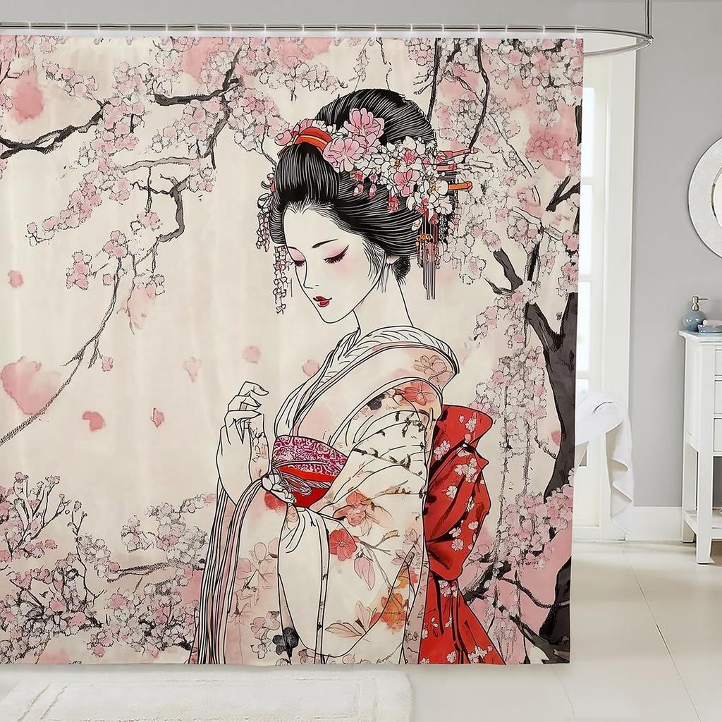Kids Japanese Geisha Shower Curtain Boys Girls Cherry Blossoms Bathroom Shower Curtain Set Japanese Style Bath Curtain