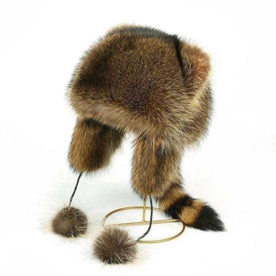 Raccoon Plush Hat with Ears Tail Design Windproof Thickened Winter Warm Plush Ear Protection Hat for Kid Adult