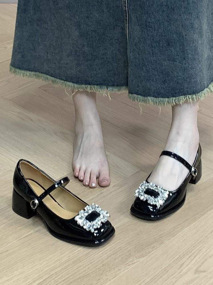 French retro high heel beige light mouth small leather shoes Mary Jane shoes women's thick heel single shoes rhinestone wedding shoes bride shoes
