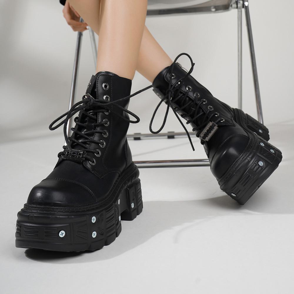 Women Ankle Boots Big Size 36-45 Man Shoes Lace-Up Round Toe Thick Bottom Shoes Rivet Platform Flat Casual Botas