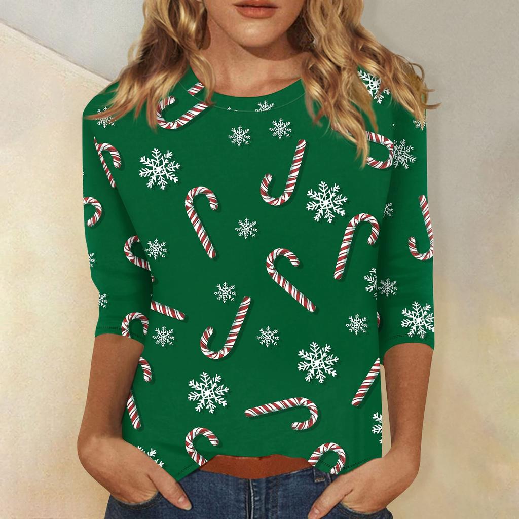 Damska modna i codzienna bluzka z rękawem trzy czwarte, z okrągłym dekoltem i nadrukiem świątecznym