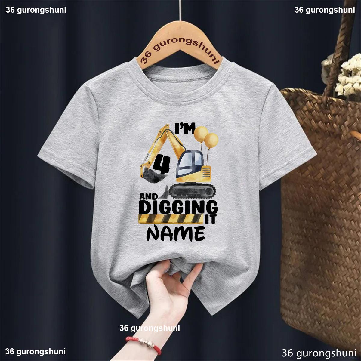 

Custom Name I Am 4th And Digging It Excavator Printed T Shirt Boys 4th Birthday Gift Shirt Summer Short Sleeve Solid T-Shirt 100