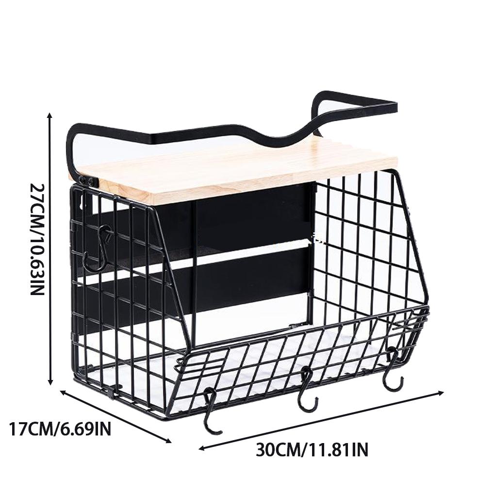 Iron Basket With Hooks For Kitchen Organization Heavy Duty Wall Basket With Wood Lid Kitchen Storage