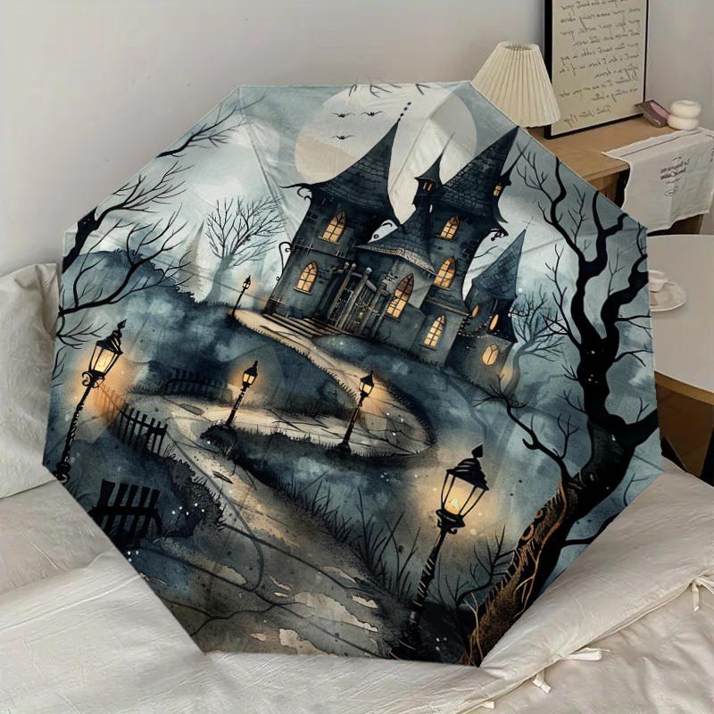 1pc Haunted House Spooky Night Pattern Umbrella Automatic Opening and Closing Umbrella, High-quality Travel Umbrella, Lightweight and Portable, -43