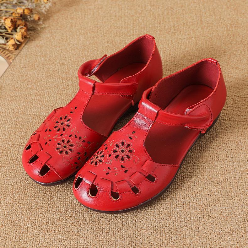 Damen Sommer Neu Flachsohlige Weichsohlige Hohlsandalen Zehenschicht Weiches Rindsleder Hohl Innen Damen Lochschuhe