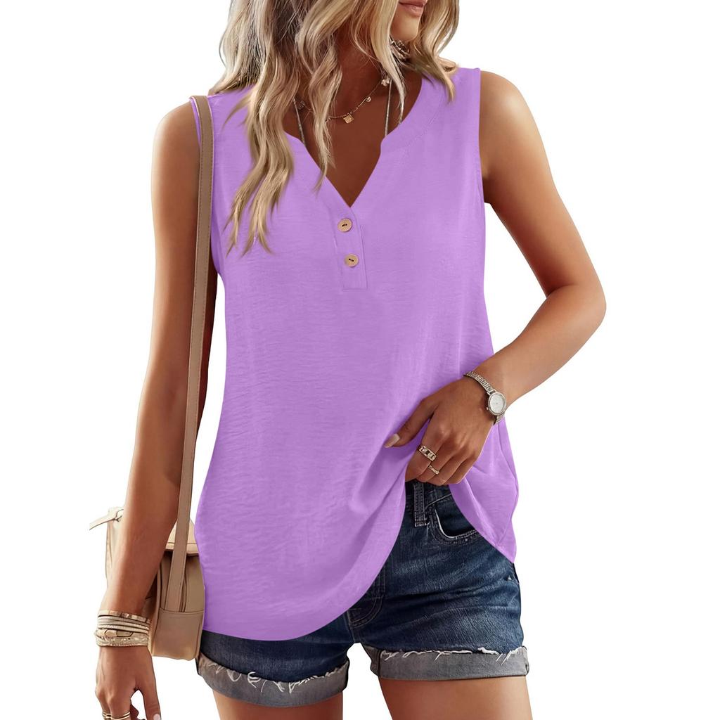 Women's Casual Fashion Button-Up Round Neck Sleeveless T-Shirt Vest
