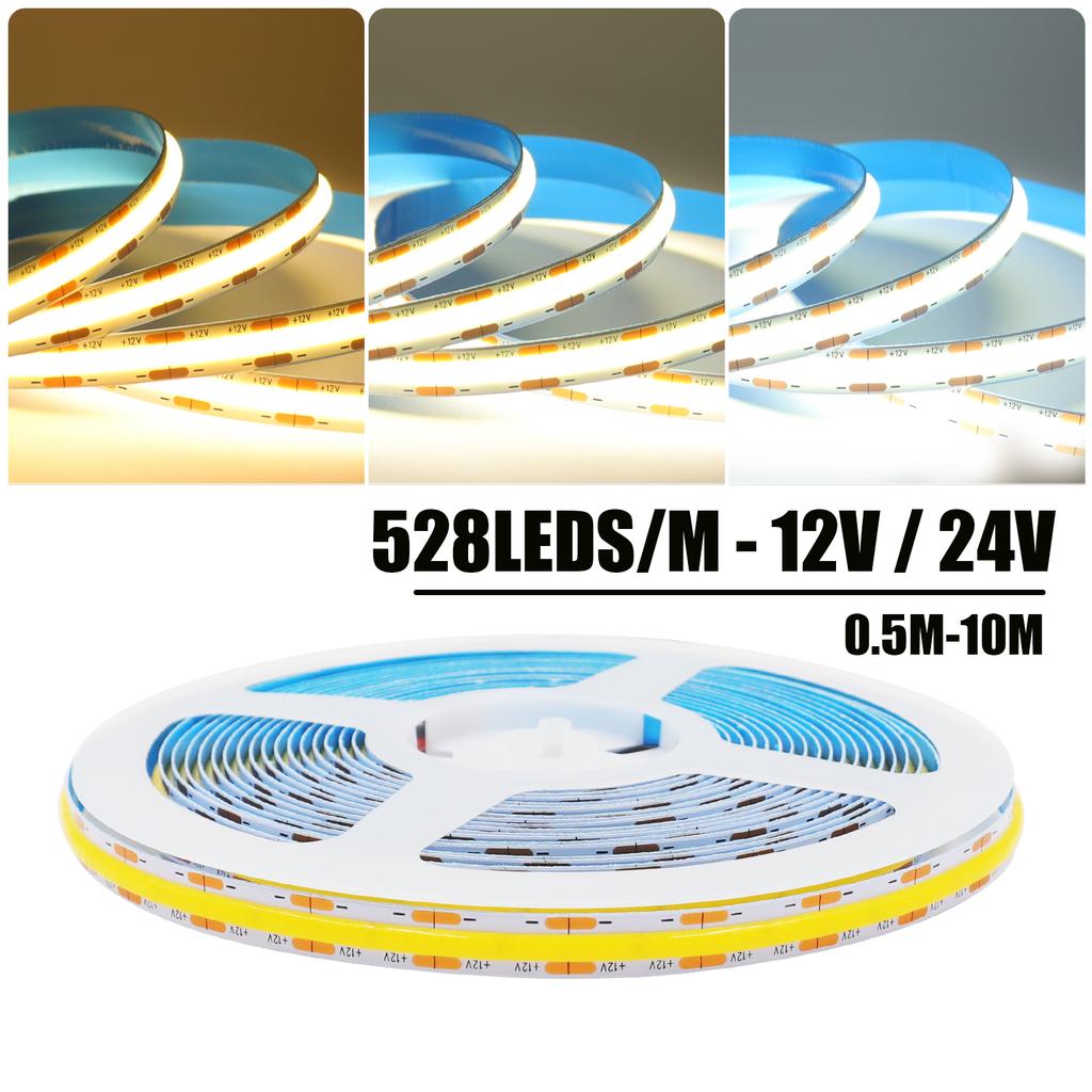 528Leds/M DC 12V 24V COB Strip White 3000K 4000K 6000K IP20 High Brighter Home Decor Flexible Ribbon Rope LED Light 0.5M 5M 10M