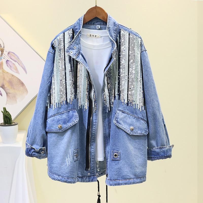 Buy Sequins Denim Jacket Women Bomber 