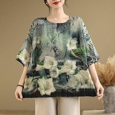 Short Sleeve Oversized Cotton Vintage Floral Casual Loose T Shirt Tops Women Summer T-shirt