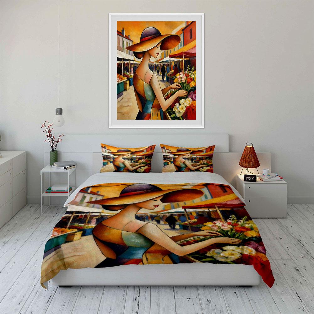 Stylish Woman Market Artwork Set Soft Comfortable Duvet Cover Bedding Set Included 1*Duvet Cover & 2*Pillowcases, Gift