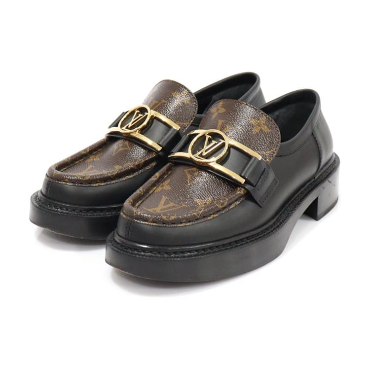 Louis Vuitton Academy Loafers 'Black With Brown Monogram And Gold Plate' Women's 1A7TXN