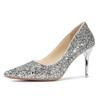 Pointed head shallow mouth high heels women's new sequined stiletto wedding shoes exquisite crystal silver large size 41