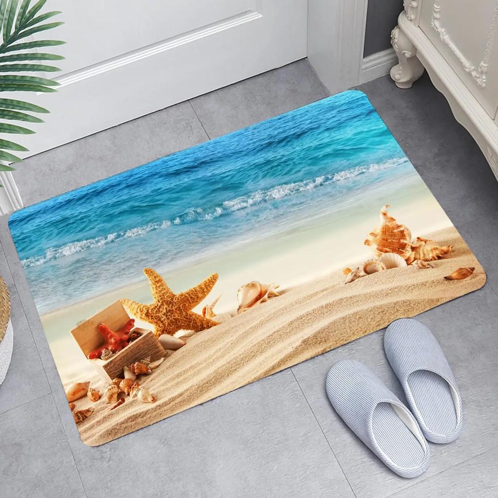 Ocean Area Rugs Beach Rug, Coastal Nature Theme Teal Carpet Boys Girls Hawaiian Sea Wave Animal's Shell Starfish Rug for Bedroom