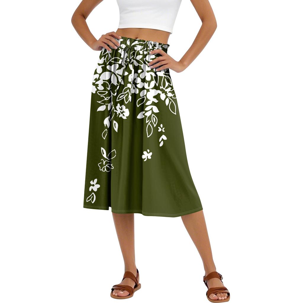 Damen Casual High Waist Kordelzug A-Linien-Rock Druckrock