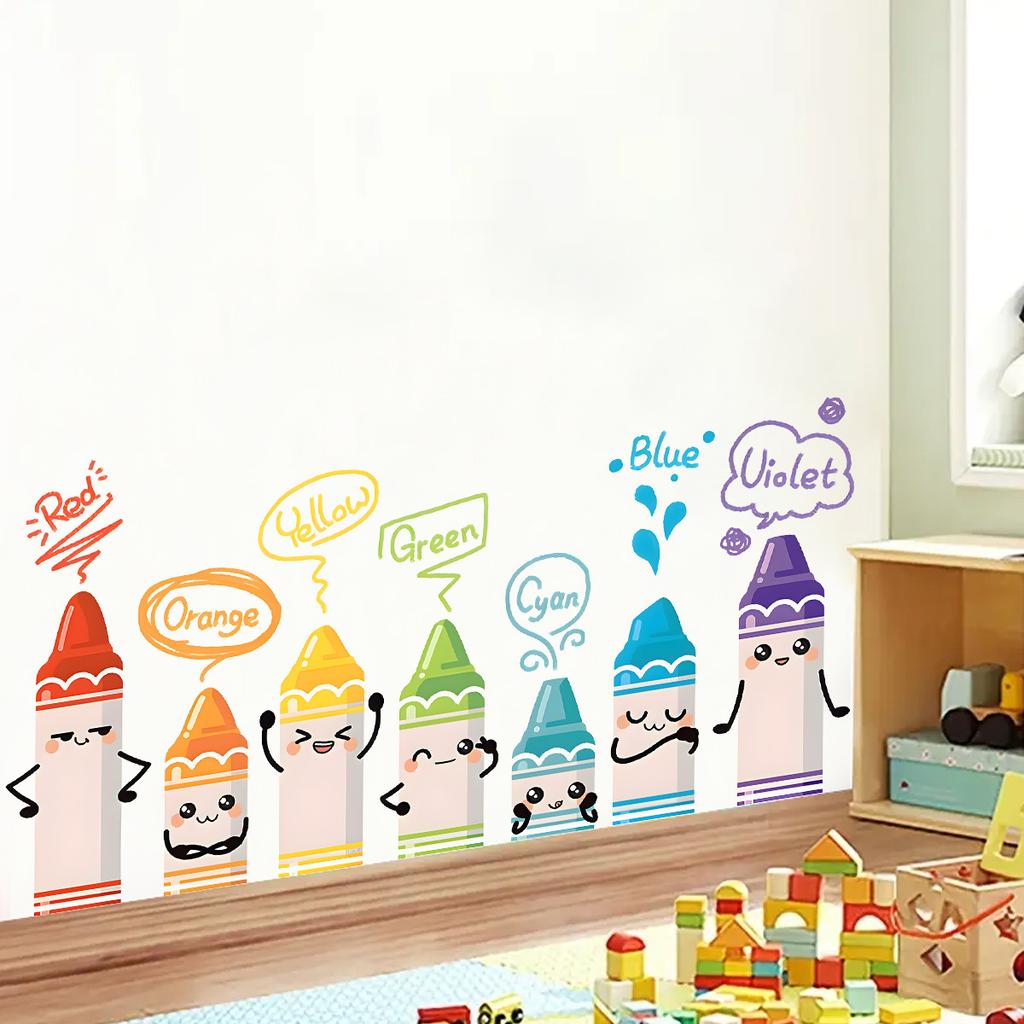 Cartoon Cute Colorful Crayon Pattern Wall Stickers for Kids Room Baby Nursery Bedroom Decoration Living Home Decor Wall Decals