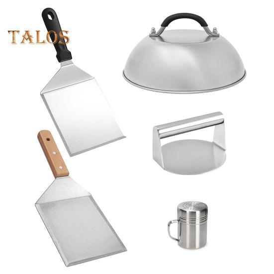 4Pcs BBQ Tool Set Stainless Steel Burger Press Grill Spatula Spice Dredge Shaker Pot Lid Cover Burger Smasher Kit for Cooking
