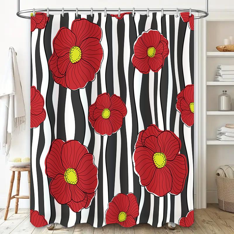 Red Flower Black Striped Shower Curtain Set for Bathroom Decor Modern Floral Shower Curtains with Rings Perfect Gift Ideas (Size
