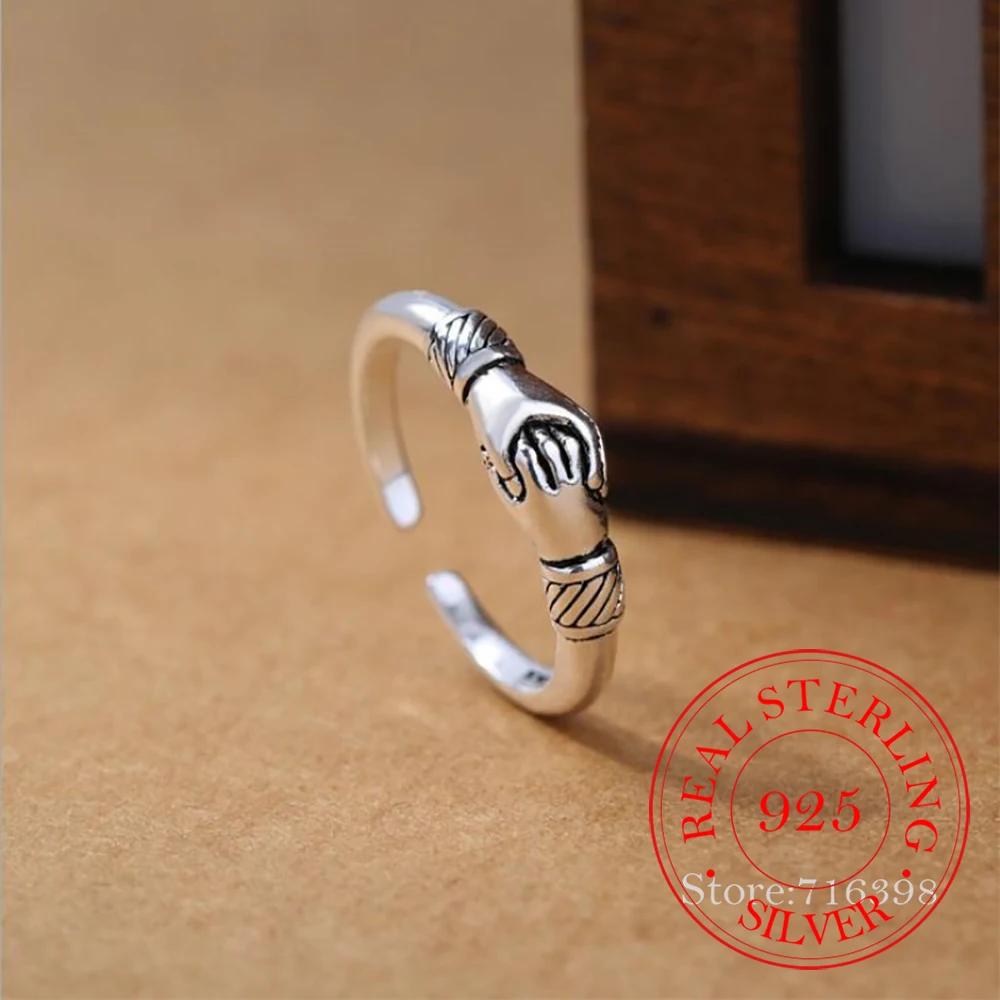 

Real 925 Sterling Silver Love Ring Hand in Hand Opening Rings For Women anel Gift resizable
