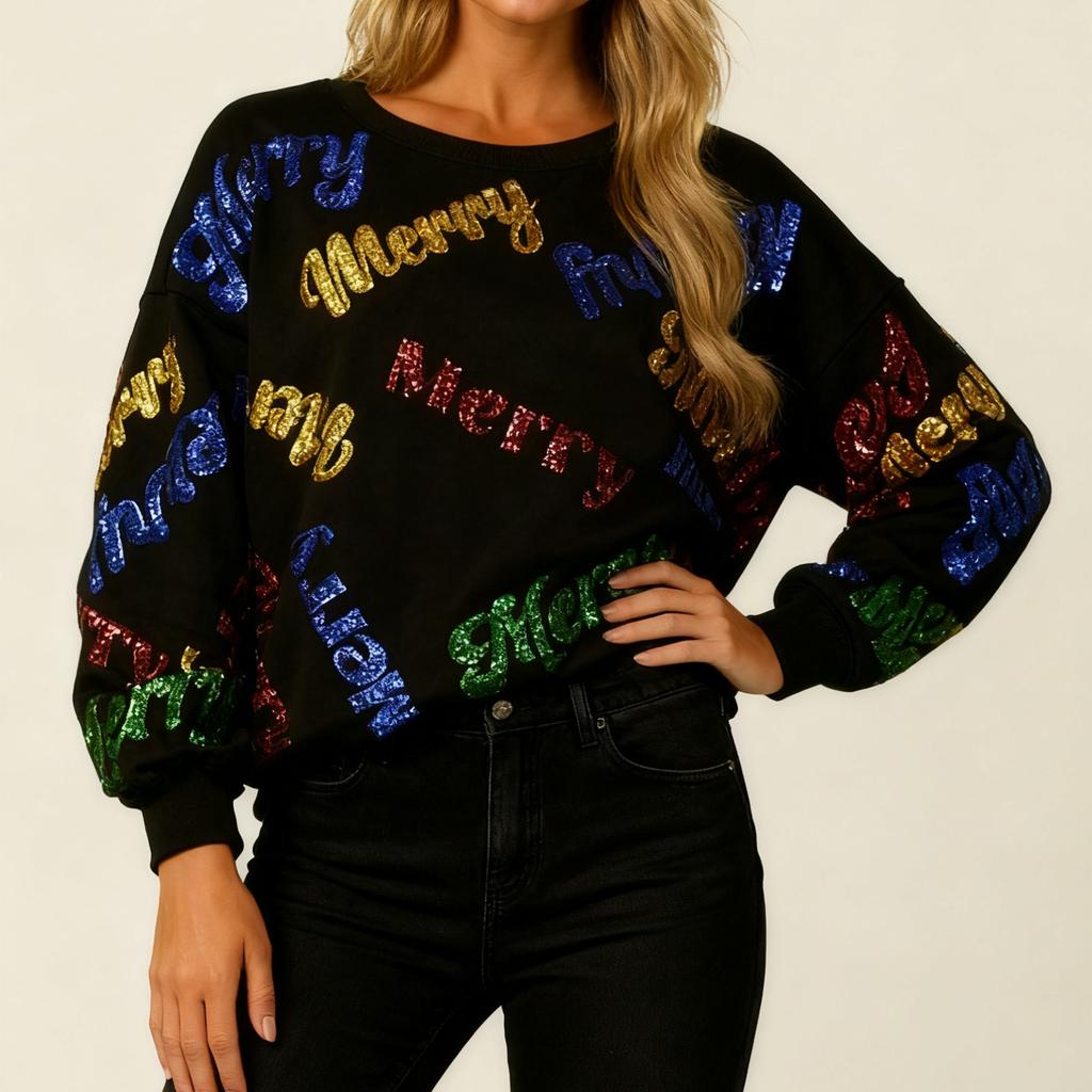 Ladies' Loose Comfortable Casual Fashionable Christmas Glitter Printed Sweatshirt
