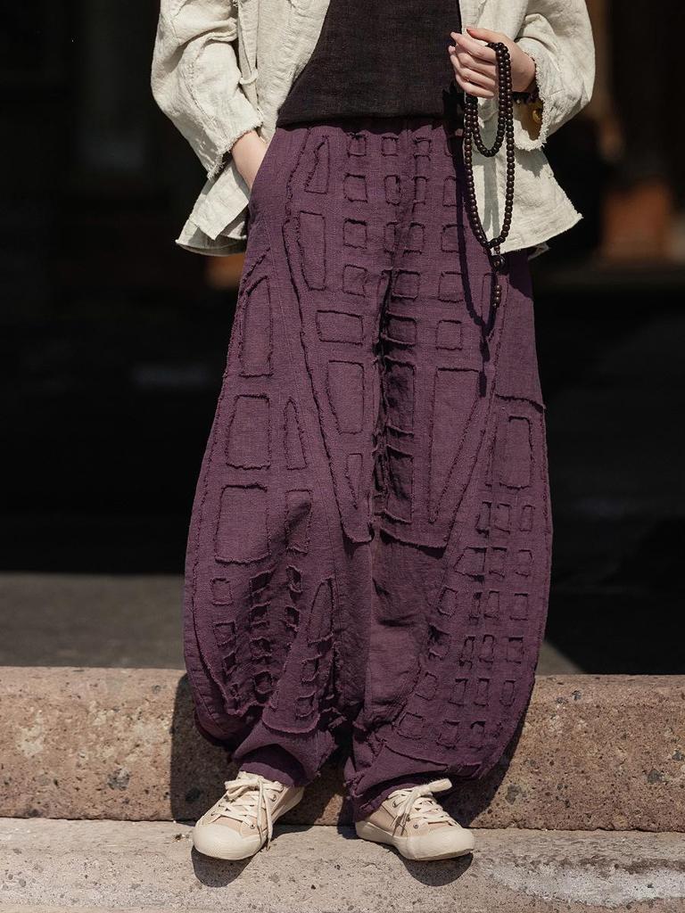 Unisex Boro-Style Linen Lantern Pants with Raw Edges for Meditation - Wide Leg & Autumn-Inspired Design
