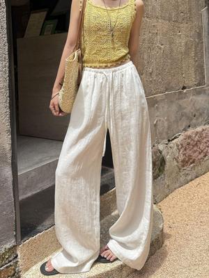 Pantalon Blanc Lâche Droit en Lin pour Femme - Été 2026 - Léger, Respirant et Décontracté à Jambes Larges