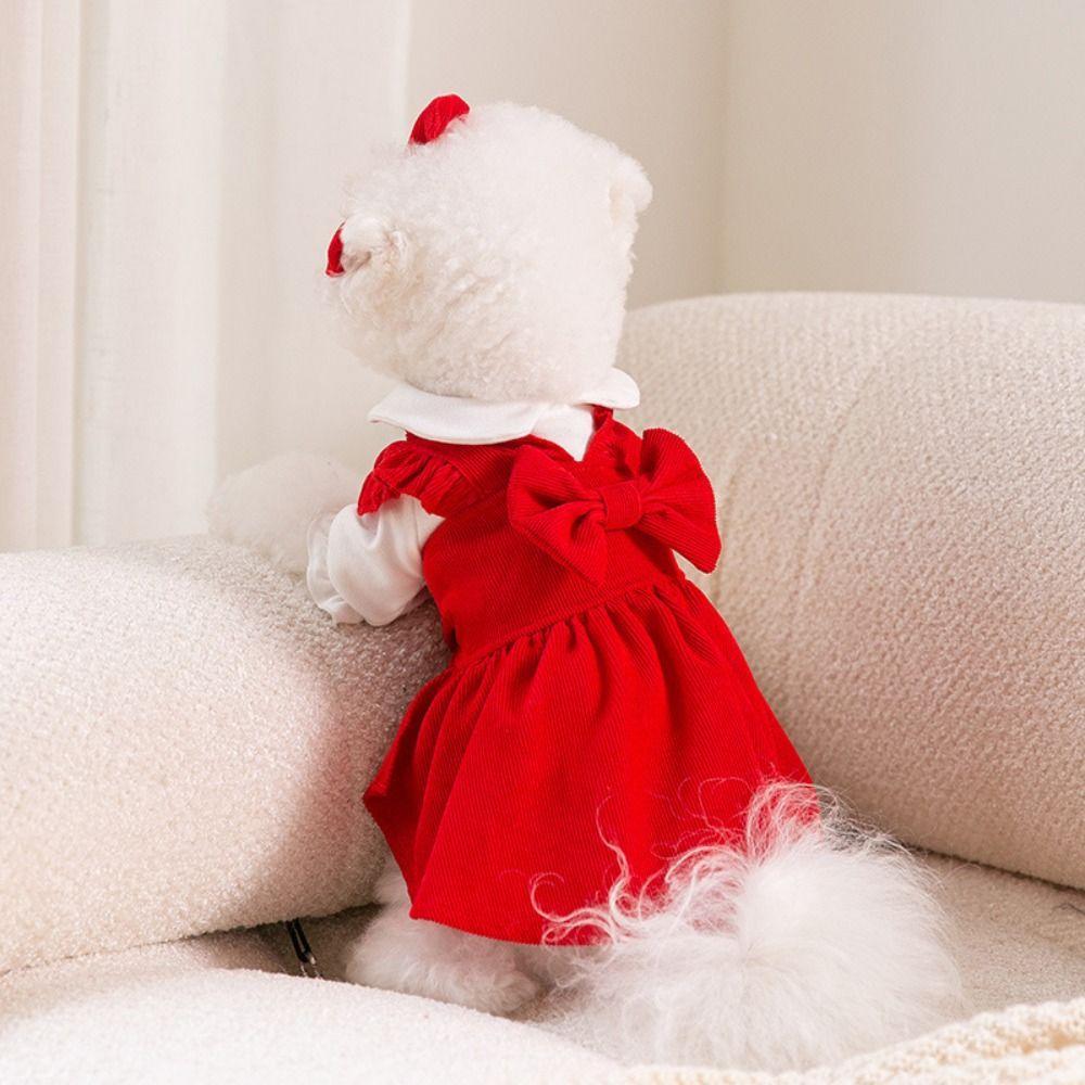 Puppy Gown Pleated Pet Corduroy Skirt New Year Christmas Sweet Bow Dog Skirt Cute Elegant Cat Princess Dress for Pet