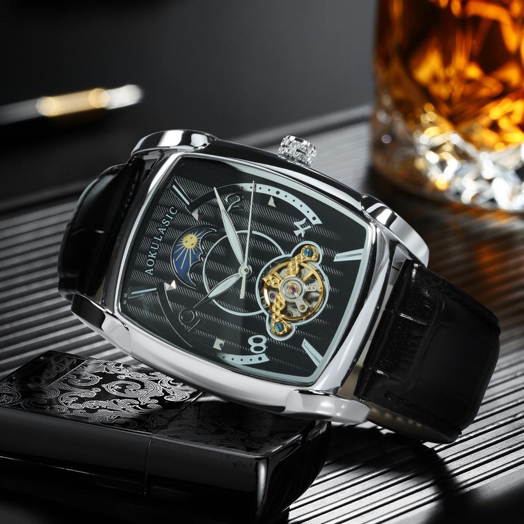 Tonneau Moon Phase Automatic Watch for Men Luxury Brand Tourbillon Skeleton Mechanical Watches Leather Belt Luminous Hands Clock