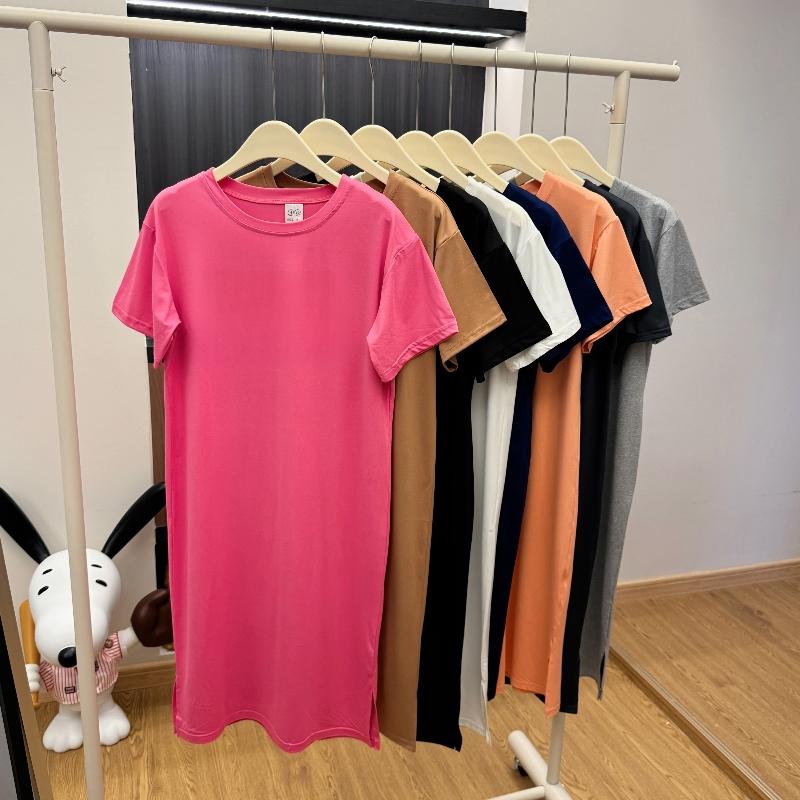 Vestito casual a maniche corte taglie forti da donna, estivo, largo, tinta unita, di media lunghezza, con spacco al ginocchio