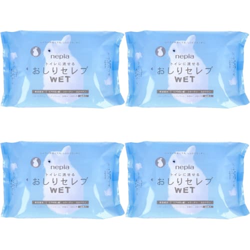 Nepia Oshiri Celeb Wet Refill, 60 Flushable Wipes, Large Capacity, Value Pack of 4, Includes Original Pocket Tissues