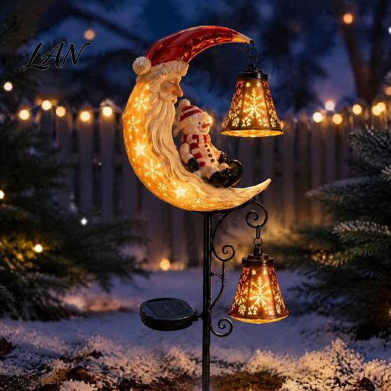 Solar Ground Stake Lights Snowman/Ghost Moon Light, Waterproof Metal Garden Sculpture, Decorative Powered Pathway Lighting Lamp for Outdoor Yard Lawn