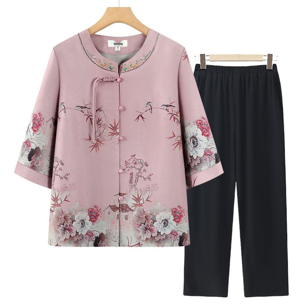 Stylish Summer Set for Women: Chinese-Inspired Short-Sleeve Top and Pants for Middle-Aged and Elderly Ladies