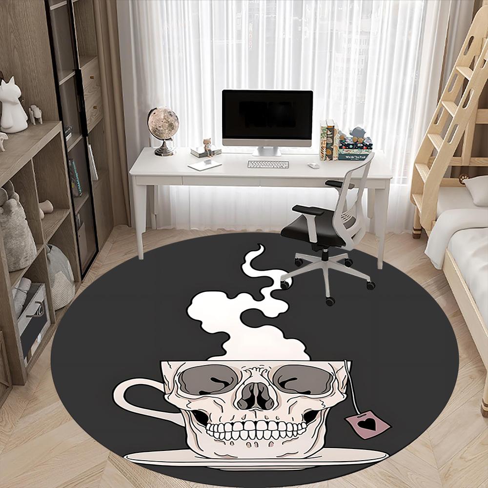 1pc Coffee Skull Office Round Area Rug, Under Office Chairs Bedroom Living Room Home Decor, Room Deco
