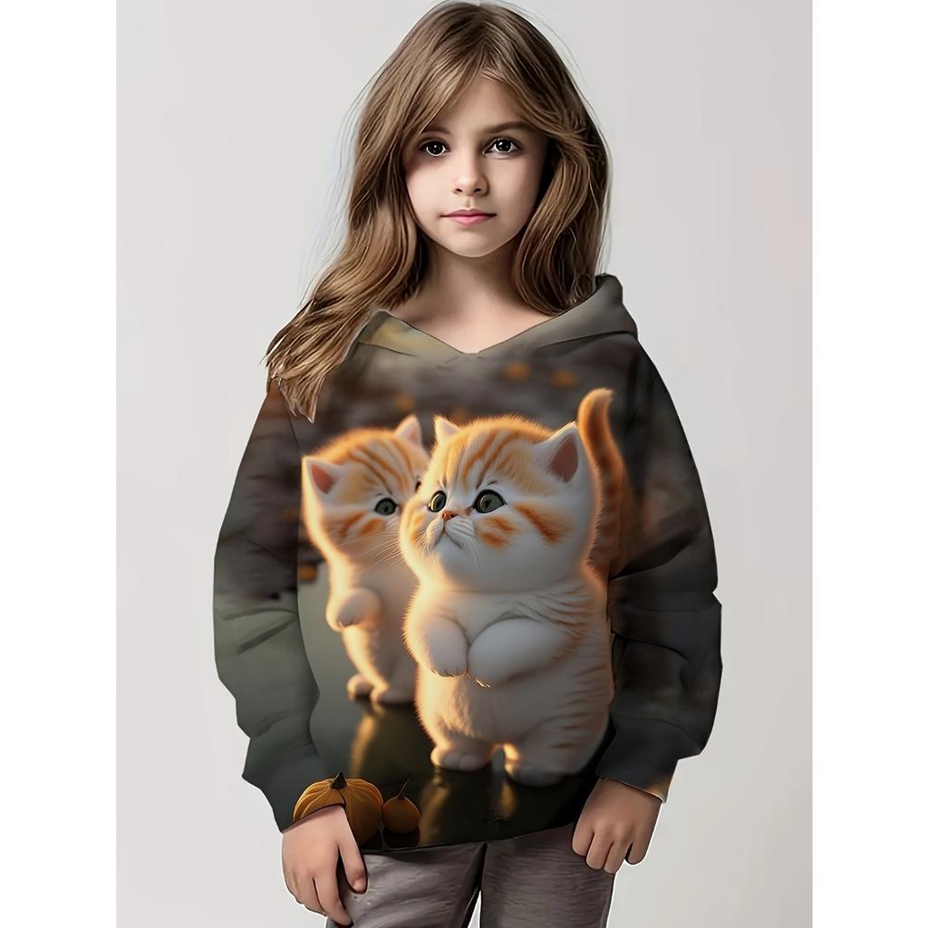 Barneklær Jentegensere Langermede Søte 3D-kattetrykk Barn Vår Høstklær Uformelt Tegneserie Utendørs Jenteklær Topper