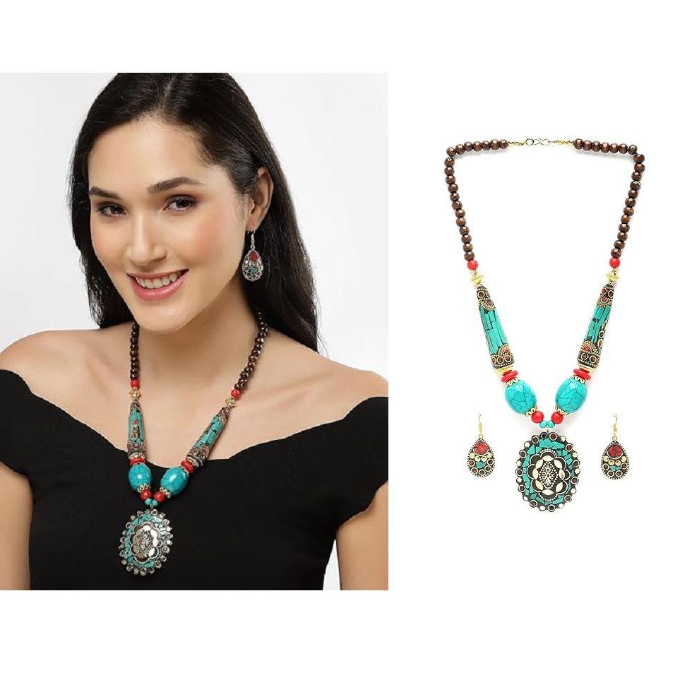 Fashion Latest Stylish Traditional Tibetan Pendant Necklace Jewellery Set for Women