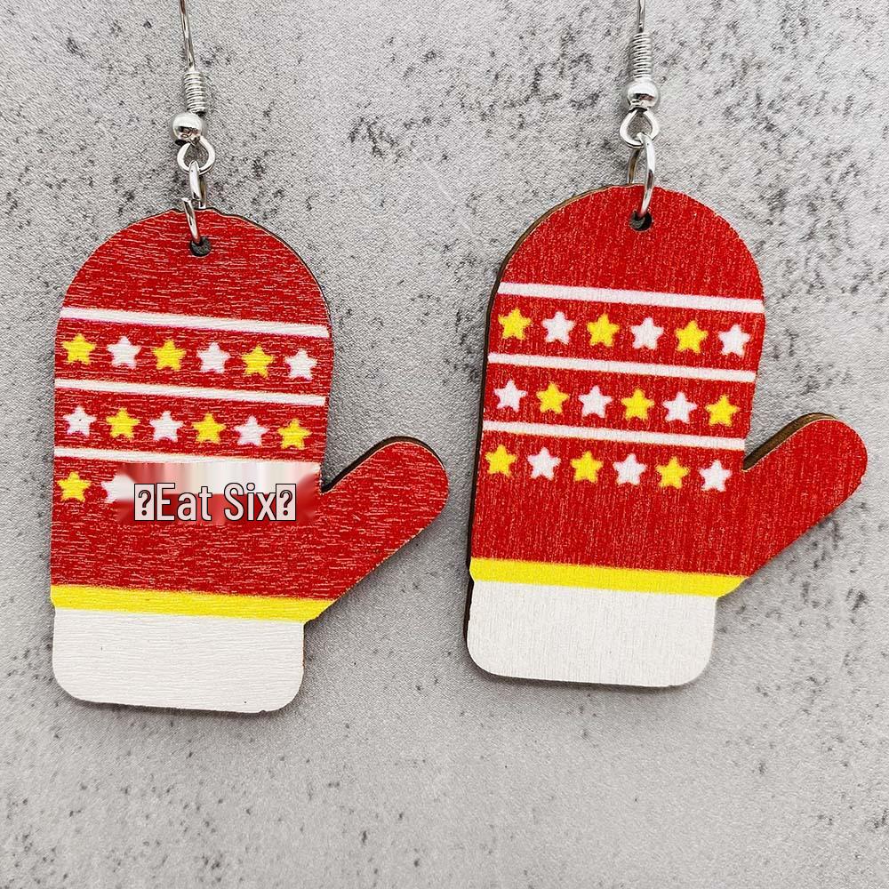 Weihnachtsserie Ohrringe: Festlicher Hut, Fußball, Handschuhe und Glocken-Print Holzohrringe - Europäischer und Amerikanischer Feiertagsschmuck