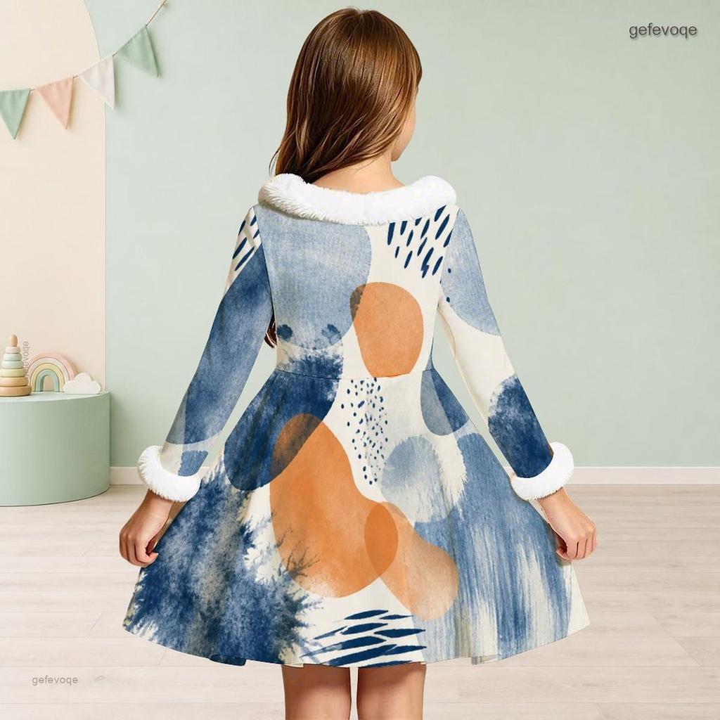 Girls High Neck Long Sleeve White Base Abstract Printed A Line Flared Dress With Fuzzy Trim And Bow