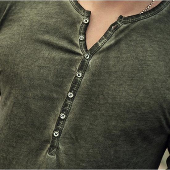 Langarm Herren T-Shirt Einfarbig Lässig V-Ausschnitt Dünne Knöpfe T-Shirt Herrenbekleidung